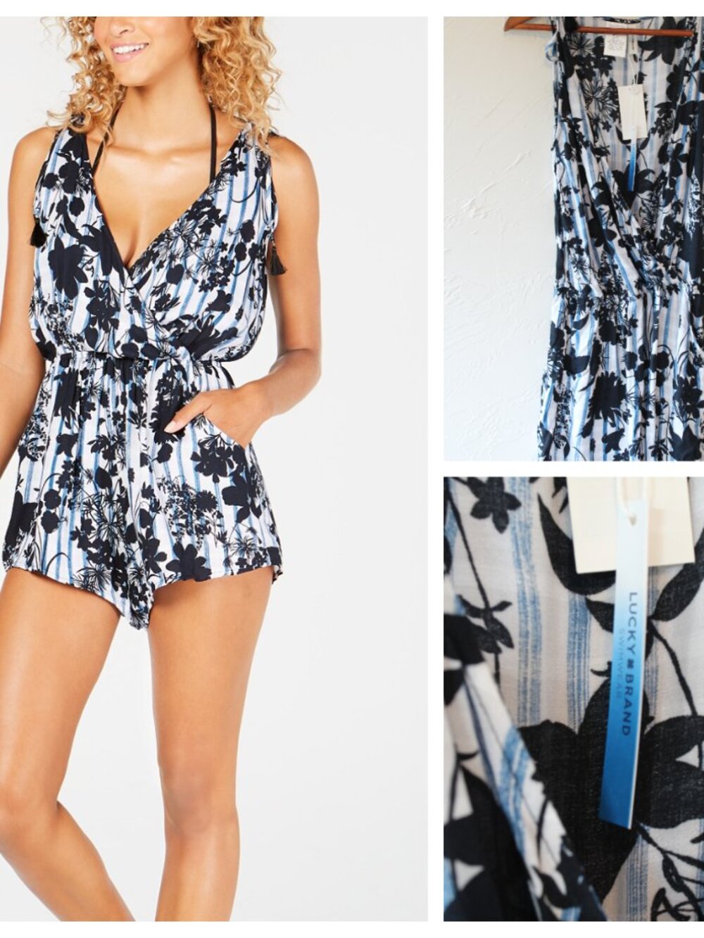 Lucky Brand Romper Swim Cover Up Floral Black Blue Medium Large NWT